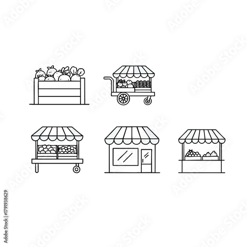 A collection of five minimalist line art icons depicting market stalls a produce cart a storefront and a fruit crate with striped awnings.