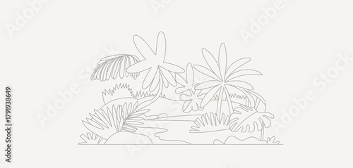 Minimalist line art illustration of a tropical jungle scene with birds