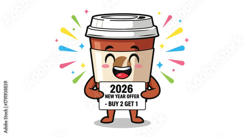 Cheerful Coffee Cup Promo: A vibrant coffee cup character gleefully presents a special Buy 2 Get 1 New Year offer for 2026, radiating happiness and anticipation for the new year.
