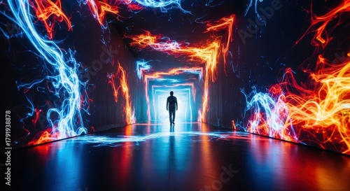 Backlit figure walk through tunnel of abstract colorful light