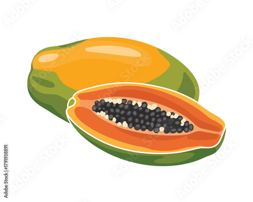 Fresh papaya fruit whole and halved with seeds