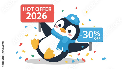 Hot Offer 2026: An Adorable Penguin Offers a Sale: An cute cartoon penguin gleefully presents a vibrant sale offering, embodying the joy of special offers and appealing promotions.