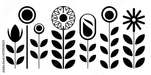 Minimalist Black and White Abstract Floral Illustrations with Simple Stems and Leaves
