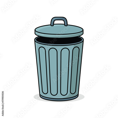 Simple cartoon illustration of a light blue trash can with a lid