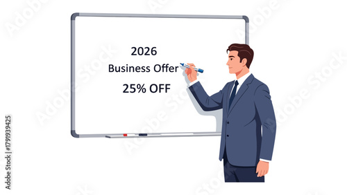 Business Deal: A businessperson presenting a promotion on whiteboard, offers for 2026. 
