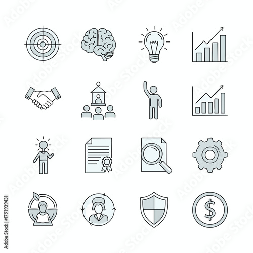 A collection of sixteen monochrome line art icons representing business strategy and success concepts.