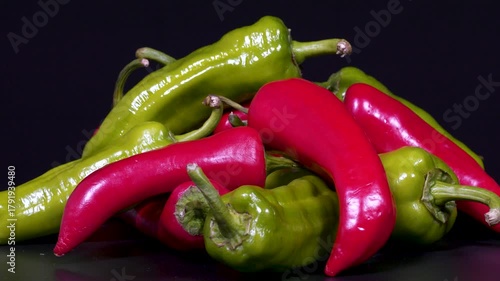 Close-up footage of red and green peppers on black background.