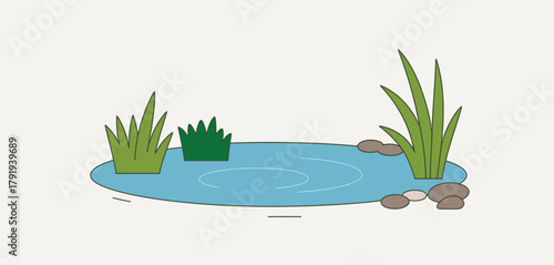 Simple illustration of a small pond with reeds and rocks