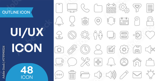 Modern user interface and user experience outline icons set for web design, mobile applications, and digital projects, featuring essential symbols for navigation, settings, and communication