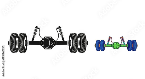 Detailed illustration of vehicle rear axle and suspension system components, Vector Illustration isolated on white background