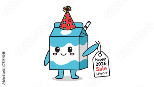 Milk Carton with Celebration Tag: A cute cartoon milk carton with joyful expression, dons a festive party hat, holding a sale tag announcing a discount, ready to celebrate a special occasion.