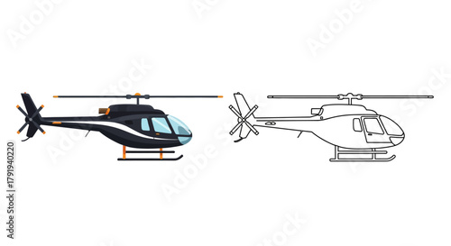 Detailed illustration of a helicopter shown in side and top views, Vector Illustration isolated on white background