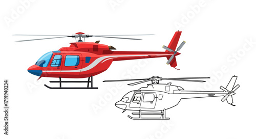 Red helicopter illustration with a line art version alongside it, Vector Illustration isolated on white background