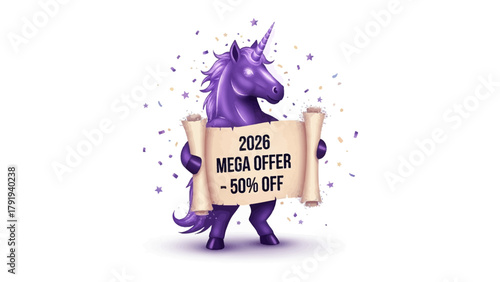 Unicorn mega offer: A magical unicorn proudly presents a scroll, revealing a mega offer and a substantial discount, creating a sense of excitement and wonder.