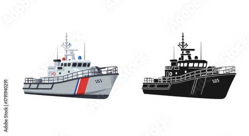 A detailed illustration depicting two identical patrol boats one in color and one monochrome, Vector Illustration isolated on white background