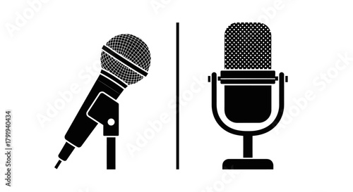 Two black and white microphone icons one tilted and one upright