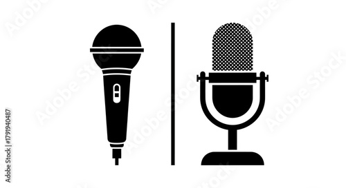 Two black microphone silhouettes stand side by side on a white background