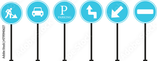 Traffic Road Sign Icon set. Collection of warning, mandatory, prohibition and information traffic signs. European traffic signs collection. Vector illustration. Driving direction mark, location point.