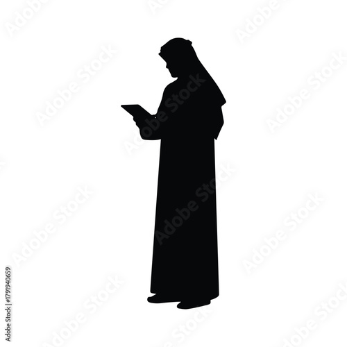 Silhouette of an Arab Sheikh wearing traditional dress and holding a mobile device, simple black illustration.
