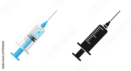 Two syringes depicted in color and monochrome illustrating medical injection tools