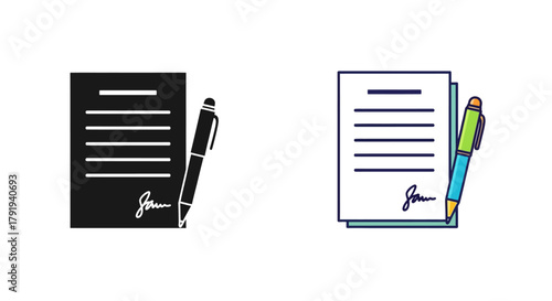 Documents with pens a monochrome and a colored illustration