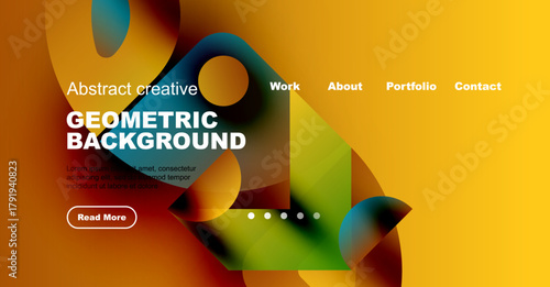 Abstract website header design. Vibrant colors, geometric shapes, text overlay, navigation menu present. Modern aesthetic.