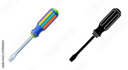 Isolated screwdrivers a colorful flathead and a simple black design