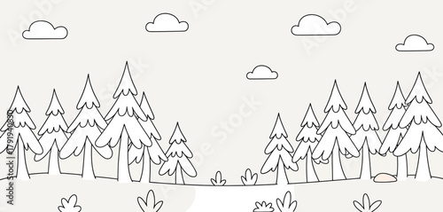 Whimsical hand drawn winter forest scene with fluffy clouds and snow covered trees