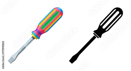 Colorful flathead and black outline screwdriver tools isolated on a white background