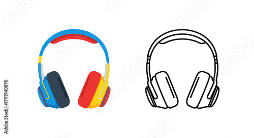 Colorful headphones illustration and a black and white line art version