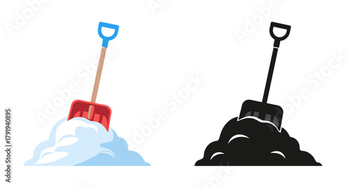 Colorful and monochrome shovels with piles of snow depicted in vector style