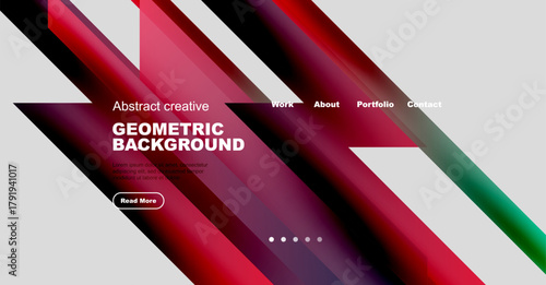 Abstract geometric background features vibrant red, purple, green gradients. Text overlays include work, about, portfolio, contact options. Button reads read more.