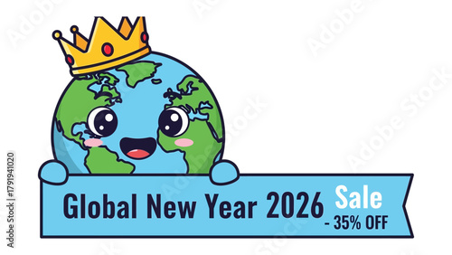 Global New Year 2026 Sale: Cheerful globe mascot, adorned with a golden crown, unveils a banner advertising the Global New Year 2026 Sale, offering a generous 35% discount to customers. 