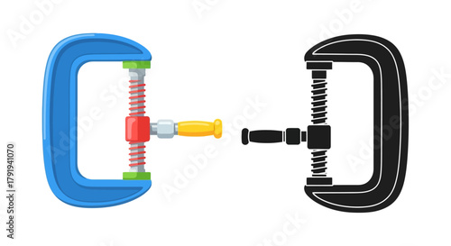 A colorful c clamp shown in both a disassembled and assembled view