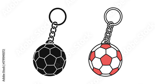 Two soccer ball keychains one black and white one red and white