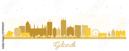 Gdansk Poland city skyline silhouette with yellow buildings isolated on white. Gdansk cityscape with landmarks. Business and tourism concept with modern and historic architecture.