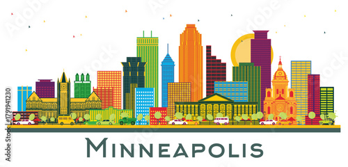 Minneapolis Minnesota USA City Skyline with Color Buildings isolated on white. Illustration. Business Travel and Tourism Concept with Modern Architecture. Minneapolis Cityscape with Landmarks.