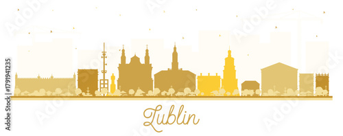 Lublin Poland city skyline silhouette with yellow buildings isolated on white. Lublin cityscape with landmarks. Business and tourism concept with modern and historic architecture.