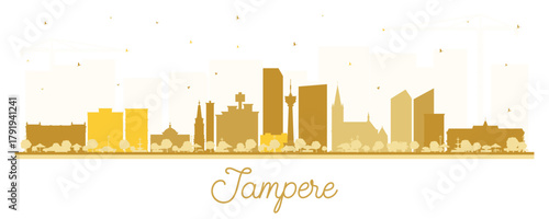 Tampere Finland city skyline silhouette with golden buildings isolated on white. Tampere cityscape with landmarks. Tourism concept with modern and historic architecture.