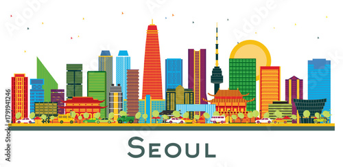 Seoul Korea Skyline with Color Buildings isolated on white. Illustration. Business Travel and Tourism Concept with Modern Architecture. Seoul Cityscape with Landmarks.