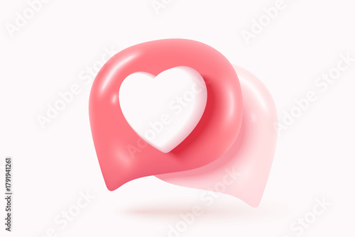 3D social media online platform concept, online social communication on applications, Photo frame with heart and love emoji icon, like and play in red bubble icons. 3d heart vector render concept