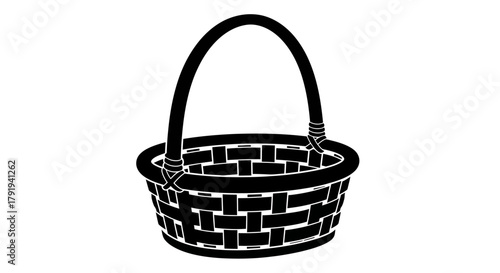 Simple black and white illustration of a woven basket with a handle