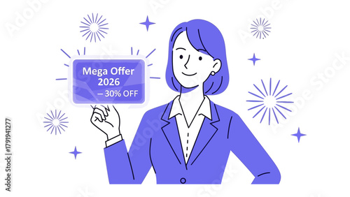 Mega Offer Concept: An elegant individual presents a digital placard showcasing a Mega Offer, a captivating concept highlighting savings, promotions, and opportunities. 
