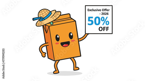 Whimsical Dairy Delight: A charming, animated carton with a straw hat cheerfully announces a summer promotion, embodying the freshness and vibrancy of the season's special offers.