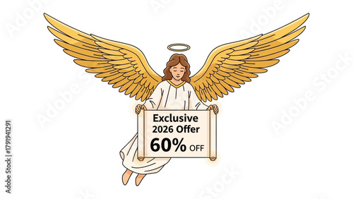 Angel Offer: An angelic figure with golden wings and a halo, gracefully presents a scroll with an exclusive offer. The scene conveys a message of divine generosity and special deals.