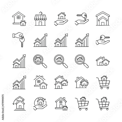 Set of real estate and property business thin line icons including house key and growth chart symbols.