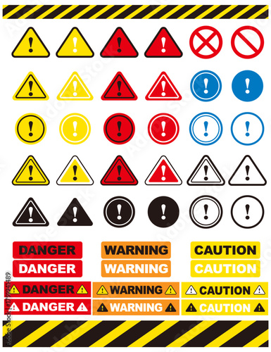 注意マークと警告マークのイラスト素材セット。白背景にベクターイラスト。