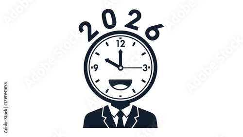 Time Traveler in 2026: A surreal concept showing a figure whose head is a clock, the hands frozen at 10:12, with the year 2026 hovering above