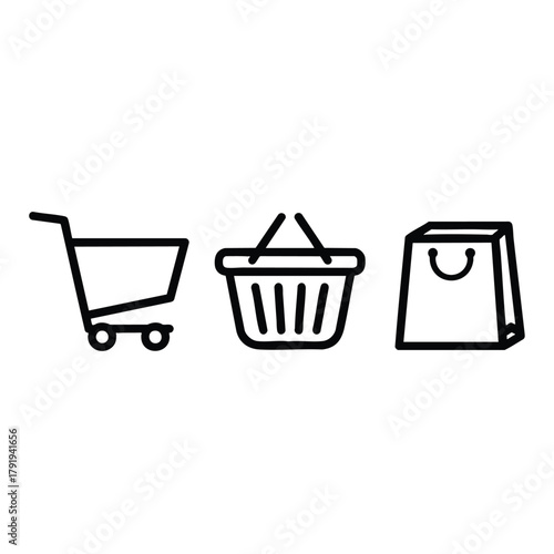 Set of three minimalist black line art shopping icons a cart a basket and a bag.