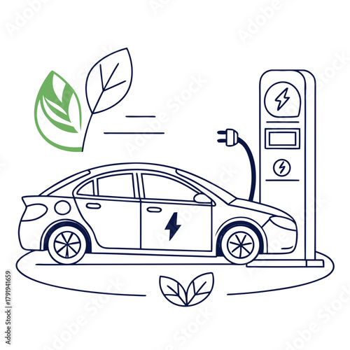 Electric car charging at a station with leaves, promoting ecofriendly transport